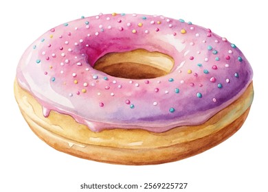 Watercolor donut illustration, pink frosting, colorful sprinkles, dessert art, food styling, bakery design.