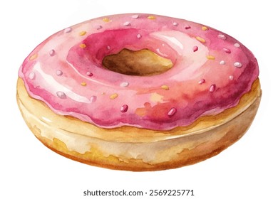 Watercolor donut illustration, pink frosting, colorful sprinkles, dessert art, food design, bakery style.