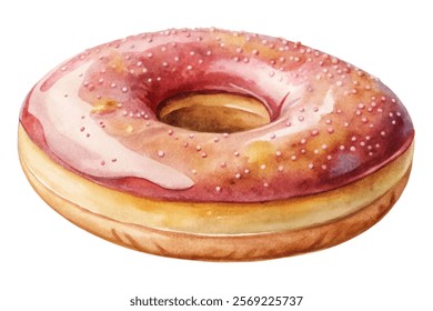 Watercolor donut illustration, pink icing, sprinkles, dessert art, food styling, bakery concept, sweet treat design.