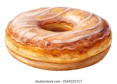 Watercolor donut illustration, sweet dessert art, bakery style, delicious treat, food design, pastry artwork.