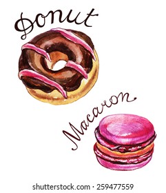 Watercolor donut and macaron, vector illustration