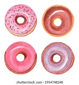 Watercolor donut pink colorful. Hand drawn.