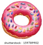 Watercolor donut in a pink glaze with rainbow sugar sprinkles vector