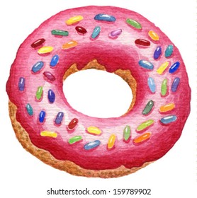 Watercolor donut in a pink glaze with rainbow sugar sprinkles vector