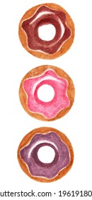 Watercolor donut pink purple brown colorful. Hand drawn.