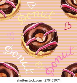 Watercolor donut, seamless decorative pattern