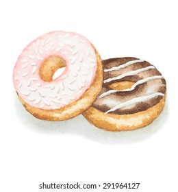 Watercolor donuts isolated on a white background, vector illustration.