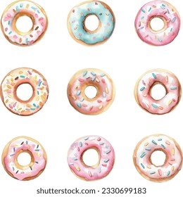 Watercolor donuts set isolated on white background. Hand drawn illustration