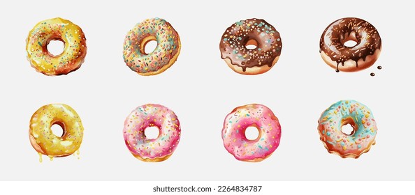 Watercolor donuts set. Sweets, street food, desserts. Vector illustration isolated on white background. Doughnuts in colorful glaze, kids sweets assorted, pastry for menu design, cafe decoration. 