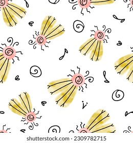 Watercolor Doodle Bugs Fly Vector Seamless Pattern