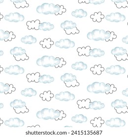 Watercolor and doodle clouds seamless pattern. Blue and black outline clouds repeat on white background. Vector illusatrtion.