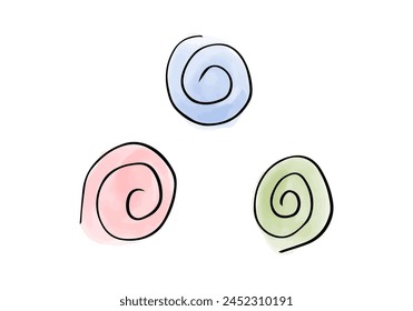 Watercolor doodle element. Colored spirals, vector illustration.