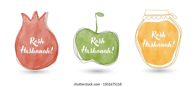 Watercolor doodle greeting card with symbols of Jewish holiday Rosh Hashana, New Year. Blessing of Happy new year, shana tova, vector illustration template