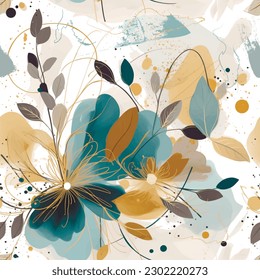 Watercolor doodle line art flowers seamless pattern. Dirty watercolor abstract vector background. Hand drawn painted flowers, leaves, doodles, brush strokes. Modern botanical arrangement of flowers.