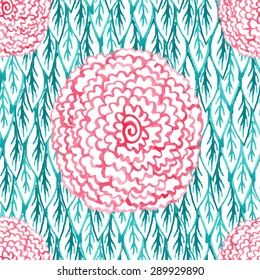 Watercolor doodle peonies and leaves, Vector floral seamless pattern.