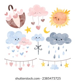 Watercolor doodle set of cute cloud with umbrella and sun