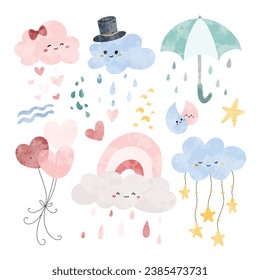 Doodle de color de agua conjunto de una nube linda con paraguas y globos