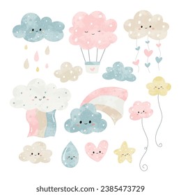 Watercolor doodle set of cute clouds