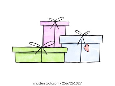 Watercolor doodle of three gift boxes, vector illustration.