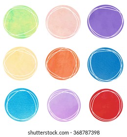 Watercolor dots. Design elements. Cartoon labels, tags, badges, stamps, emblems set.