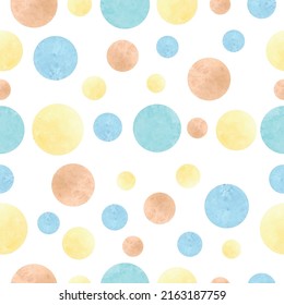 Watercolor dots pattern.Blue, yellow and brown circles. Vector illustration