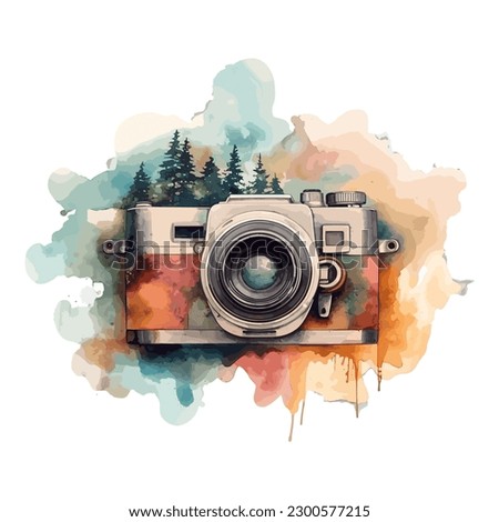 Watercolor Double Exposure Retro Camera With Forest Silhouette, National Photography Day Concept 