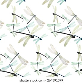 Watercolor dragonflies. Top, front views.  Vector pattern