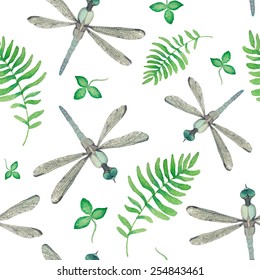 Watercolor dragonfly and field herbs pattern. Seamless summer background with cornflower, field grass and herbs. Vector natural texture
