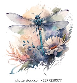 Watercolor dragonfly, isolated in white background, vector illustration.