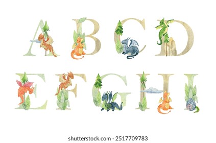 Watercolor dragons vector letters for invitation card, nursery poster, baby shower and other.