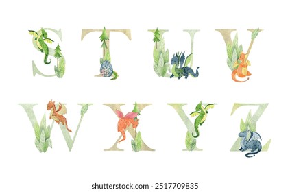 Watercolor dragons vector letters for invitation card, nursery poster, baby shower and other.
