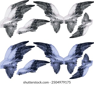 Watercolor drawing angel wings Y2K style Set clipart bird wing different angles freedom creativity concept hand drawn design element pegasus isolated illustration parrot blue brown white detailed clip