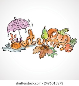 Watercolor drawing of autumn. White background. Contour. Vector illustration