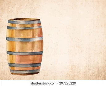 A watercolor drawing of a barrel on old brown paper with a place for text, scalable vector graphic