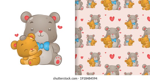 The watercolor drawing of bear touching little bear's head in the pattern set of illustration