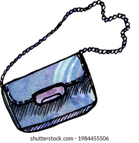 Watercolor drawing of a blue bag on a chain on a transparent background translated into vector.