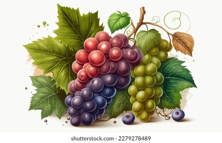 Watercolor drawing of a bunch of red and green grapes. Flat vector illustration. bunch of red and green grapes on the white background