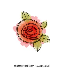 watercolor drawing of button red rose with leaves closeup vector illustration