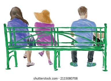 Watercolor drawing of casual young townspeople sitting on park bench on summer day