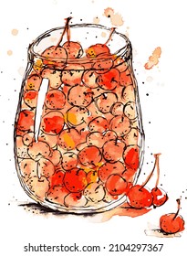Watercolor drawing cherry compote in vector