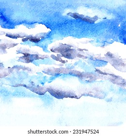 watercolor drawing clouds in blue sky, hand drawn vector illustration,abstract nature background