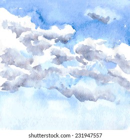 watercolor drawing clouds in blue sky, hand drawn vector illustration,abstract vector background