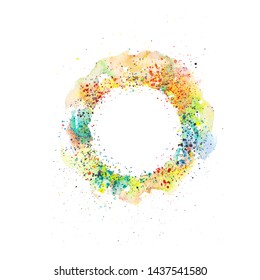 Watercolor drawing colored round frame in vector. Illustration of a photo frame on a white. Abstract bright geometric pattern background. The idea for the design of cards, invitations, paper, banner
