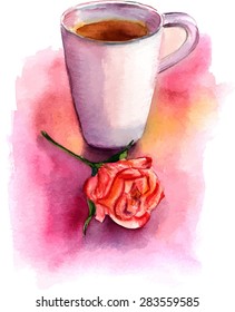 A watercolor drawing of a cup of tea with a tea rose on a colorful artistic background, scalable vector graphic