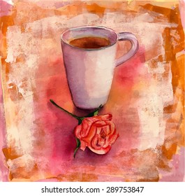 A watercolor drawing of a cup of tea with a tea rose on a colorful artistic background, scalable vector graphic