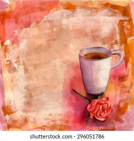 A watercolor drawing of a cup of tea with a tea rose on a colorful artistic background, scalable vector graphic