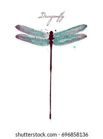 Watercolor drawing dragonfly. Vector greeting background with beautiful watercolor dragonfly. Abstract Paint Decoration. Hand drawn brush strokes. Vector Illustration.