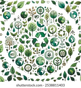 Watercolor drawing ecology seamless vector pattern illustration. Hand drawn repeat green nature eco concept design.