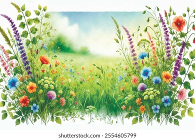 Watercolor drawing floral meadow with blooming wildflowers, green grass, blue sky. Vector botanical pattern, background, illustration, banner. Bright beautiful design.