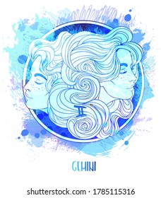 Watercolor drawing of Gemini astrological sign as a beautiful girl over paining. Zodiac vector illustration isolated on white. Future telling, horoscope, alchemy, fashion woman.